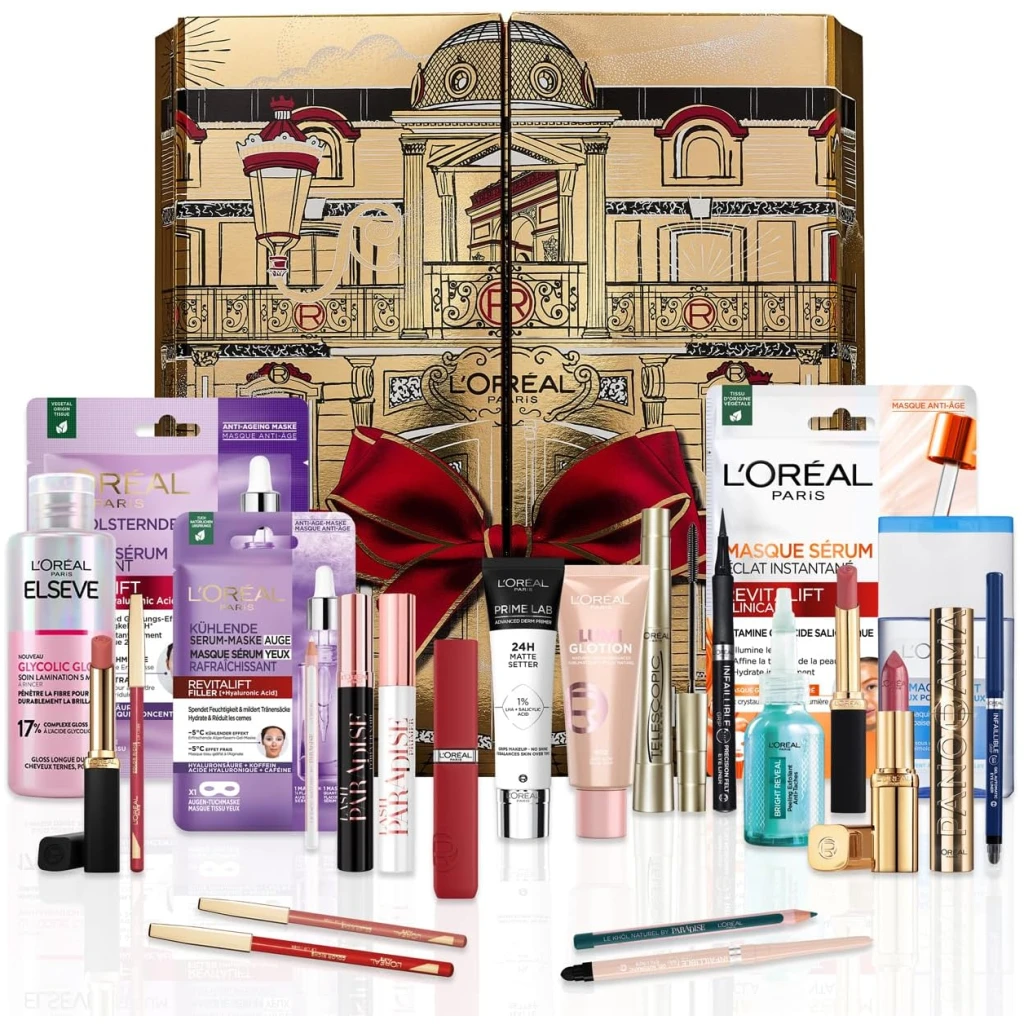 L'Oréal Paris - Calendrier de l'Avent 24 Jours - Coffret Cadeau Noël - Maquillage, Soins Visage et Cheveux - 24 Produits de Beauté Incontournables en Taille Réelle