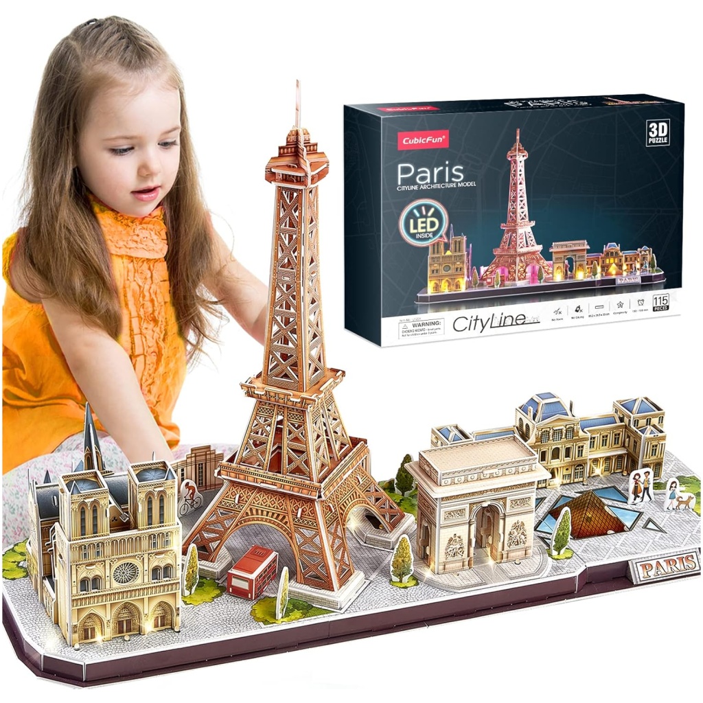 Puzzle 3D de France Paris LED CityLine - Tour Eiffel, Notre Dame de Paris, Le Louvre, Arc de Triomphe Kits de Décoration et Cadeau Souvenir, 115 Pièces