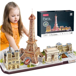 Puzzle 3D de France Paris LED CityLine - Tour Eiffel, Notre Dame de Paris, Le Louvre, Arc de Triomphe Kits de Décoration et Cadeau Souvenir, 115 Pièces